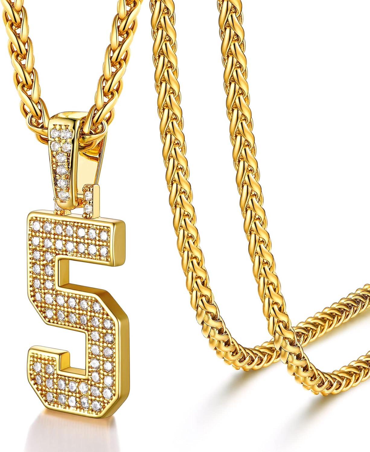 U7 Gold Initial Number Necklace for Men Women, 18K Gold/Silver Plated Diamond CZ Letter Pendant Necklace Big A-Z 0-9 Hip Hop Jersey, Customerized Letter Wheat Chain 22 Inch for Athletes Rappers