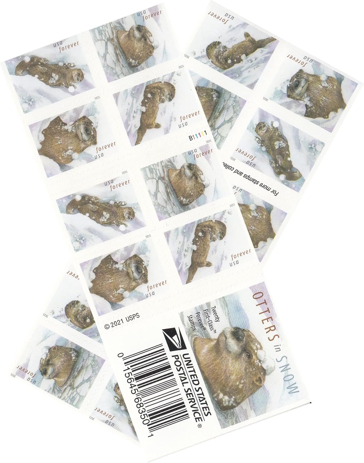 USPS 2021 Otters in Snow Forever First Class Postage Stamps Playful Theme, Winter, Holiday, Invitations, Animal Lover, (1 Booklet of 20 Stamps)