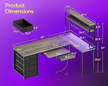 AODK 59 Inch L Shaped Desk with 4 Drawers, Gaming Desk with Led Lights & Power Outlets, Computer Desk with Pegboard & Keyboard Tray, Reverisble Home Office Desk with Storage Shelves & CPU Stand, Grey