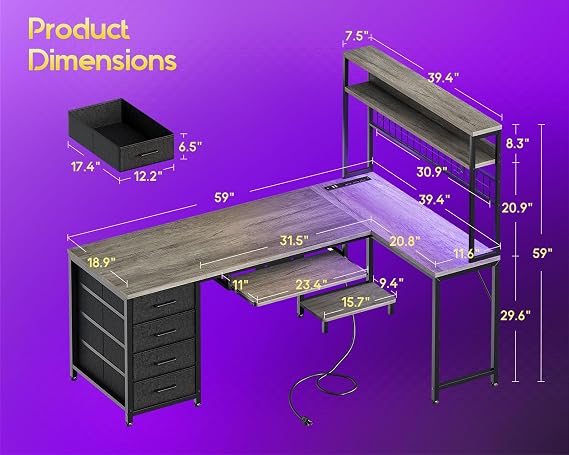 AODK 59 Inch L Shaped Desk with 4 Drawers, Gaming Desk with Led Lights & Power Outlets, Computer Desk with Pegboard & Keyboard Tray, Reverisble Home Office Desk with Storage Shelves & CPU Stand, Grey