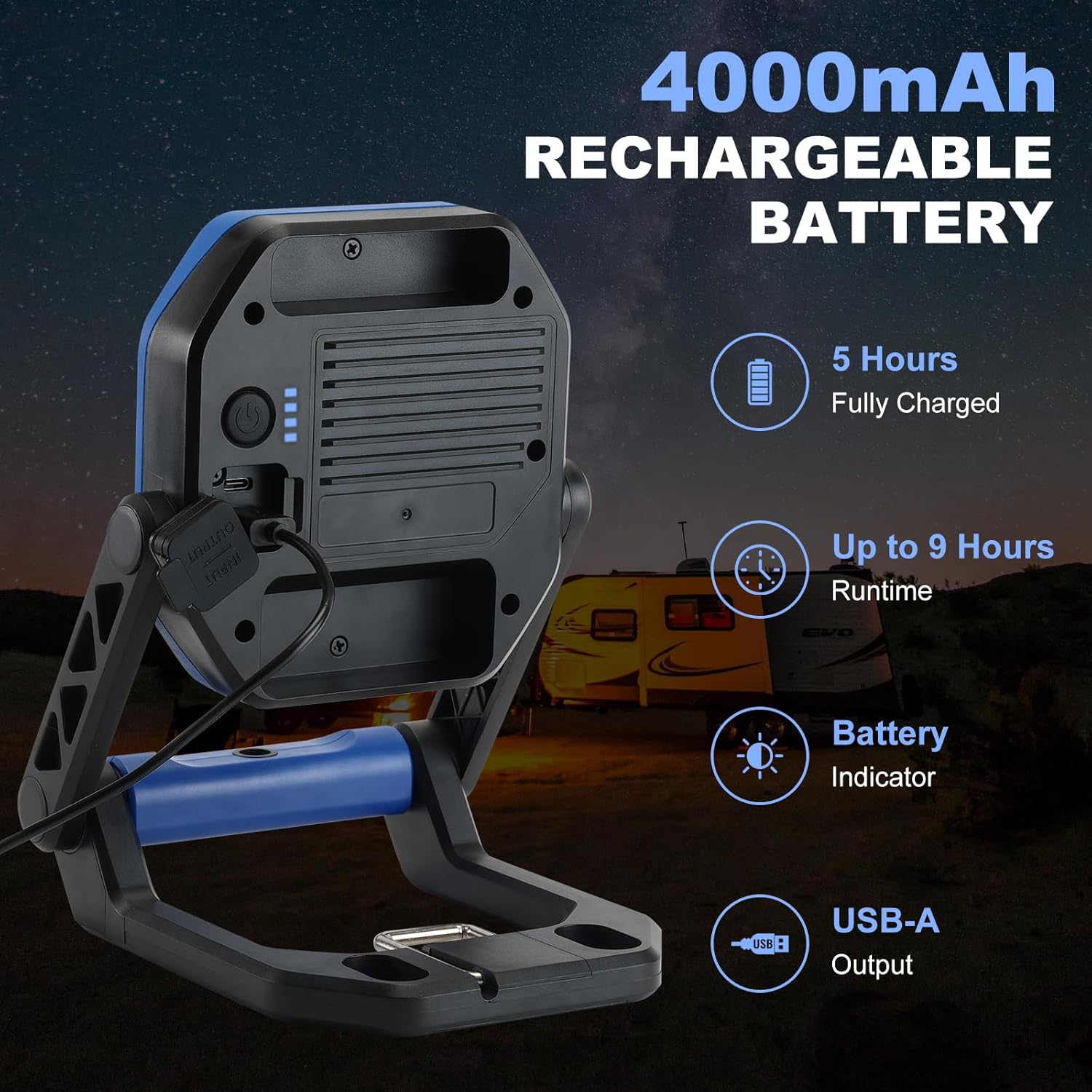 4000LM Rechargeable LED Work Light with Red Warning Light – 4000mAh Battery, 3 Brightness Levels, Foldable & 360° Adjustable Stand, Magnetic Base & Hook, Durable ABS & Aluminum Construction
