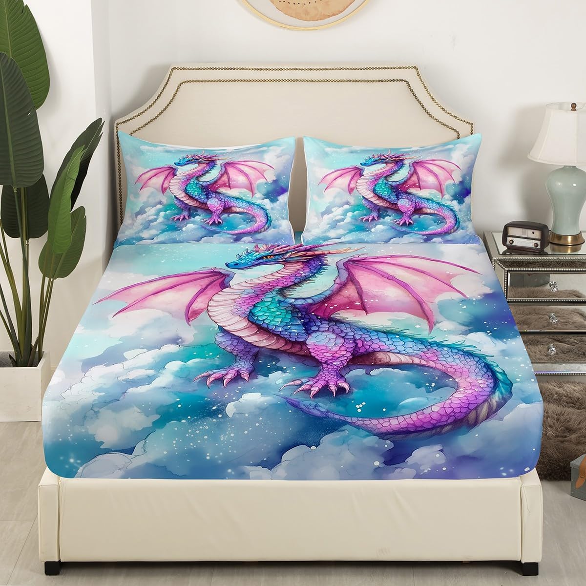 Manfei Dragon Bed Sheet Set 3 Pieces,Mystic Ancient Animal Gothic Blue Purple Microfiber Bedding Set Without Flat,Watercolor Wildlife Wings Clouds Sky Paint Fitted Sheet,2 Pillow Cases,Full Size