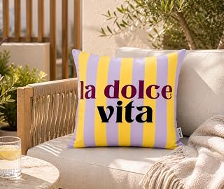 KAMACA Outdoor Dekokissen La Dolce Vita 45x45 cm Gelb Flieder Gestreift – Gartenkissen mit 370g Füllung – Wasserabweisend, Schmutzabweisend & Strapazierfähig – Balkon Terrasse Lounge Kissen