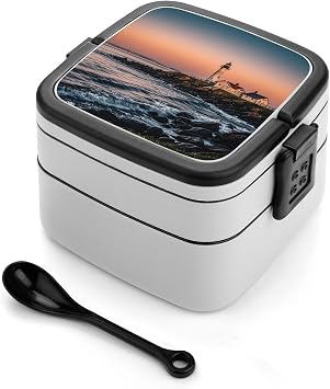 Adult Double-Layer Bento Box Portland River Lighthouse Sunrise Portable Lunch Box with Spoon And Invisible Handle Leakproof Microwave-Safe Food Container for Work Travel Camping
