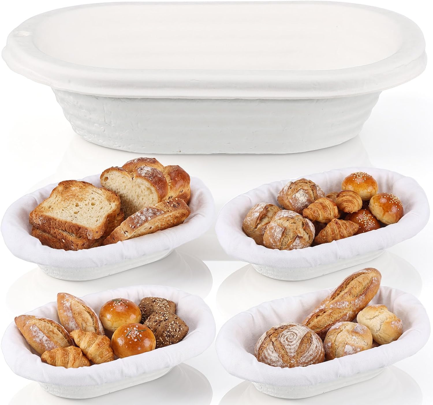 Baderke 4 Pack Banneton Bread Proofing Basket Set 10 Inch Wood Pulp Sourdough Proofing Basket Non Stick Sourdough Banneton Bowl and Liners for Bread Baking Supplies(White,Oval)