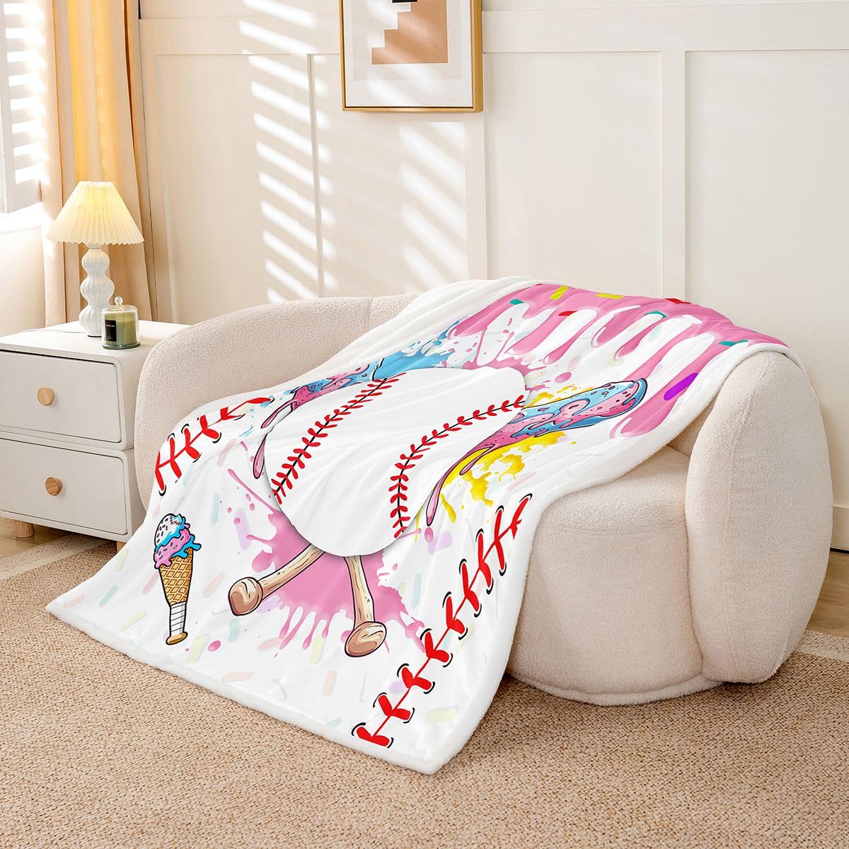 Homewish Baseballowy koc polarowy, uroczy estetyczny koc sherpa, pastelowy różowy, graffiti, sportowy, puszysty, pluszowy, dekoracyjny kij baseballowy, dekoracja na łóżko, kanapę, 229 x 229 cm