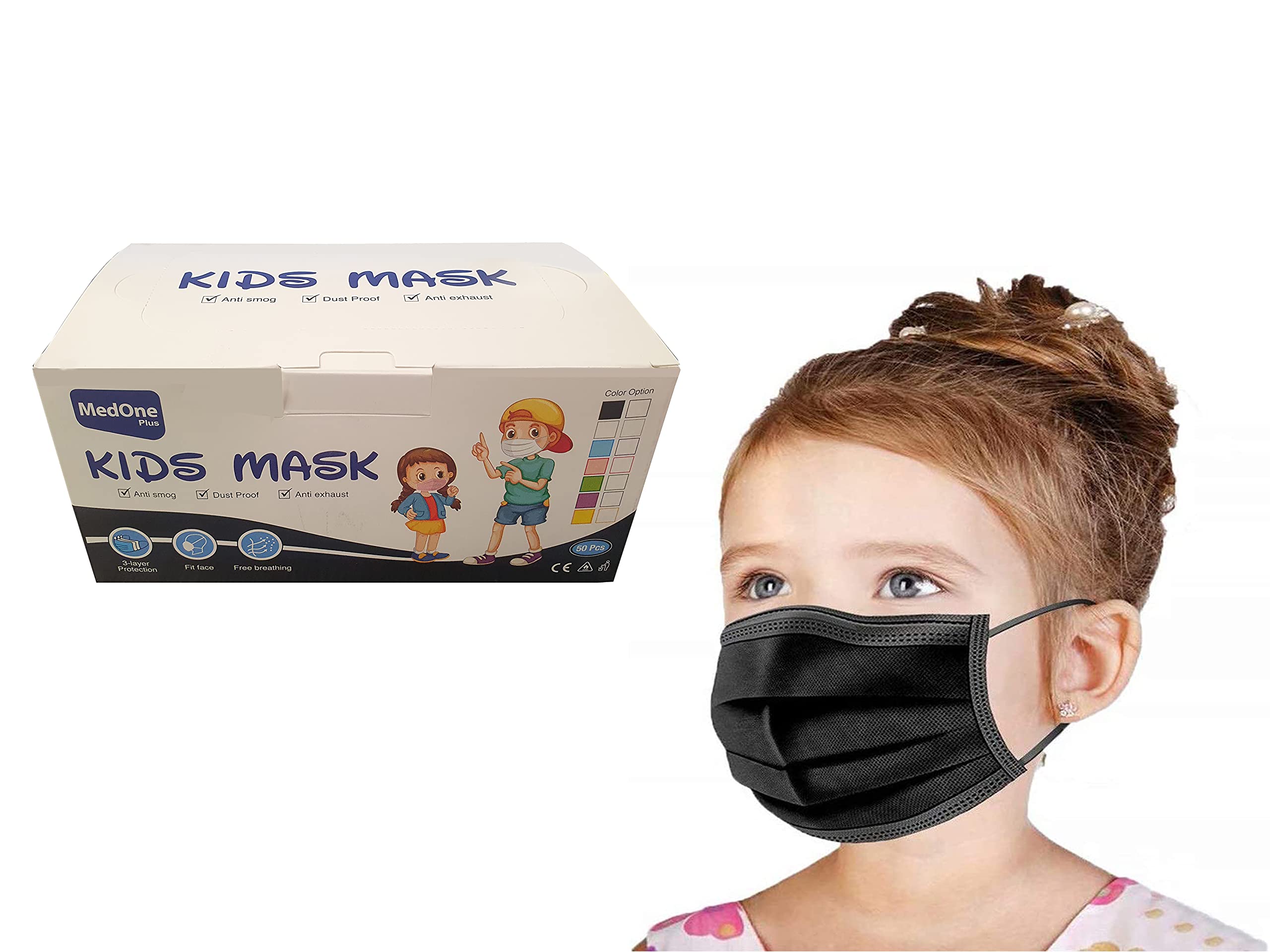 100PCS Disposable Face Mask for Kids, 3 Layer Solid Color (Black)