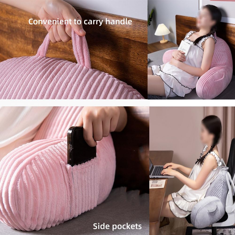Reading Pillow for Bed Sitting Up,Flannel Back Pillow for Bed Sitting up with Arms and Pockets & Washable Cover,Soft Back Support (Pink, 31.5x19.7 in)