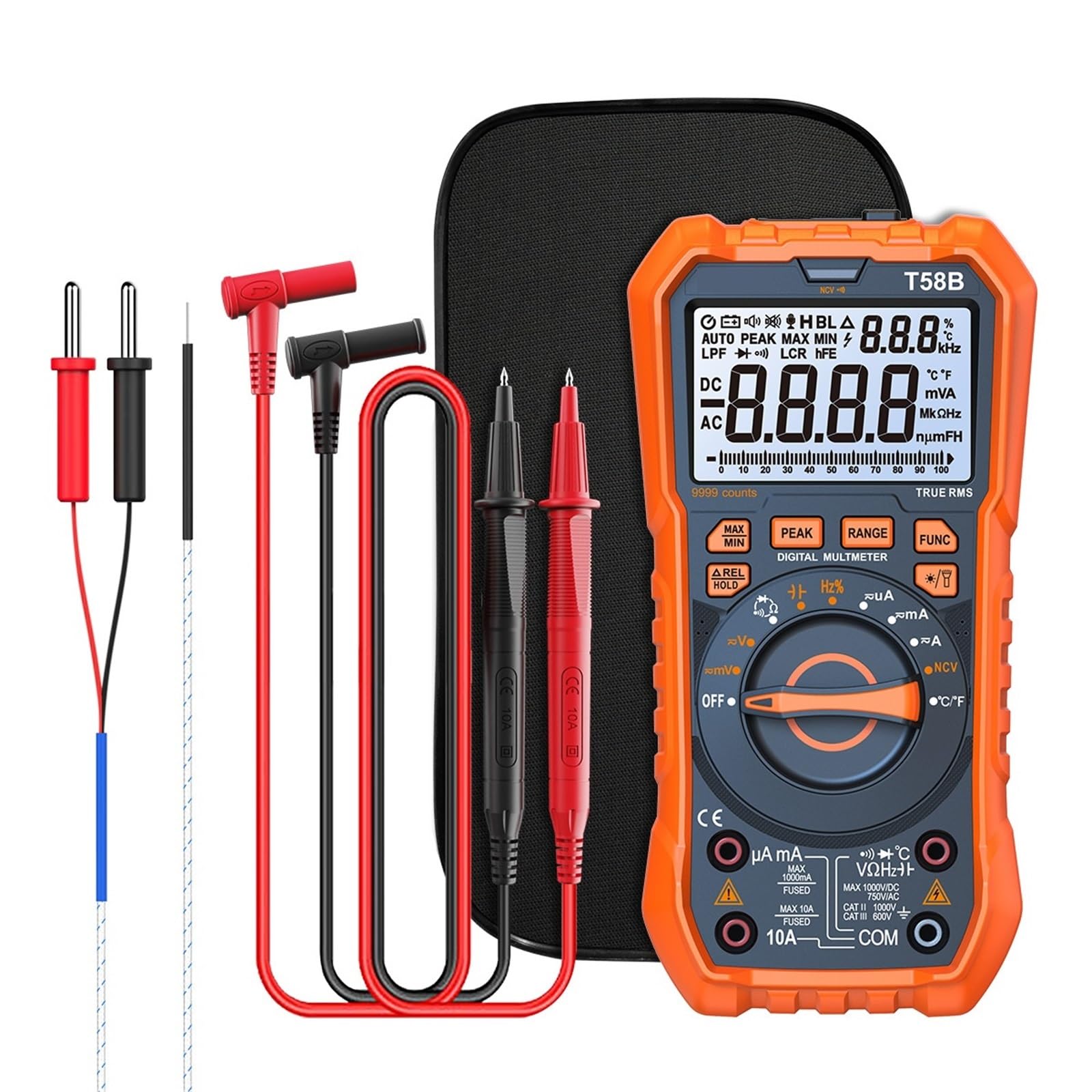 Multimetr cyfrowy T58B 1000V z podstawką, inteligentny wyświetlacz z podświetleniem i wskaźnikiem JACK ze światłem LED, 9999 zliczenia, podwójny wyświetlacz danych