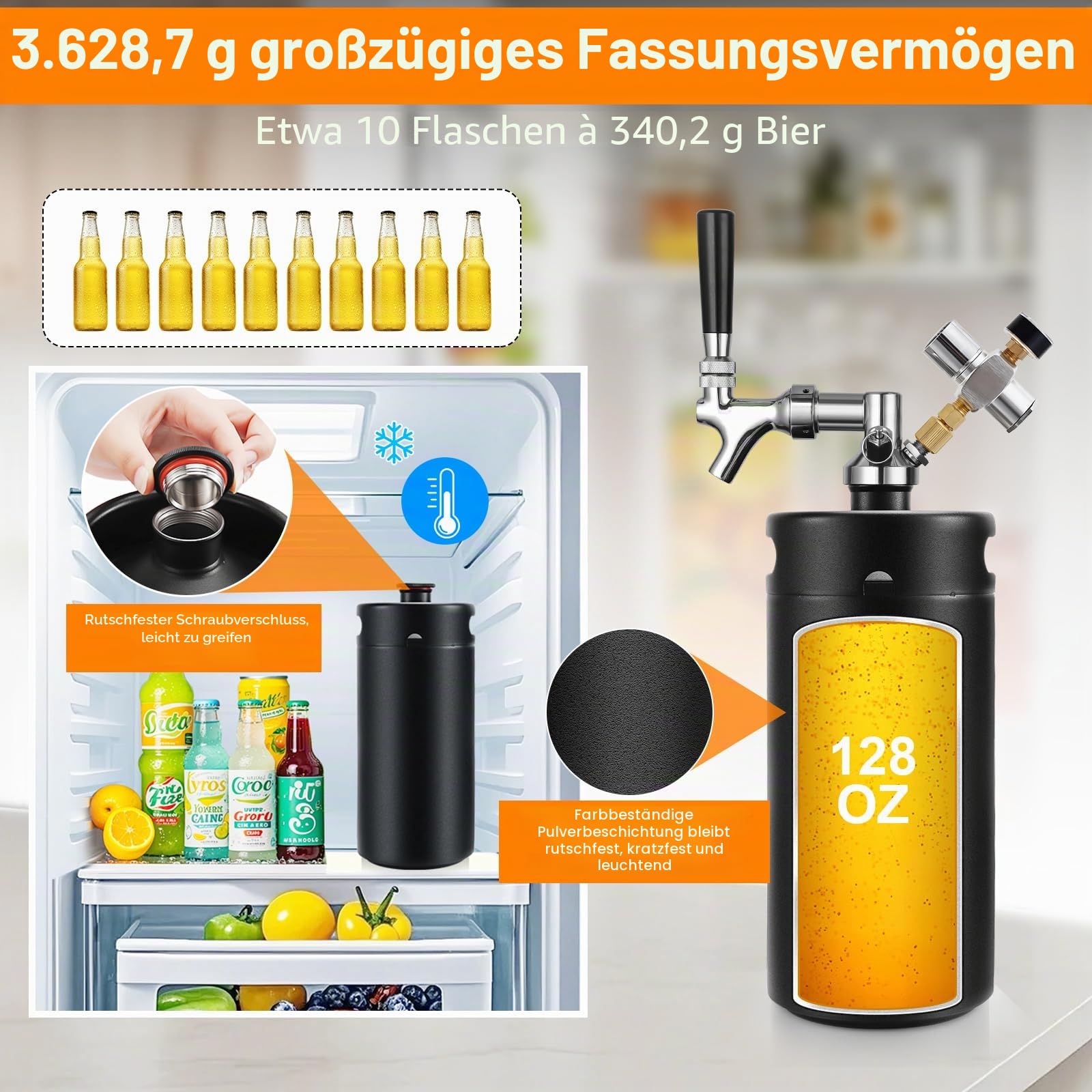 Mini-Fass-Growler, Edelstahl, tragbares Bierfass-Wasserhahn-System | CO2-Druck-Growler mit Kohlensäure, 55 PSI zum Frischhalten, Bierzapf-System für selbstgebrautes Camping, Grillen (schwarz)