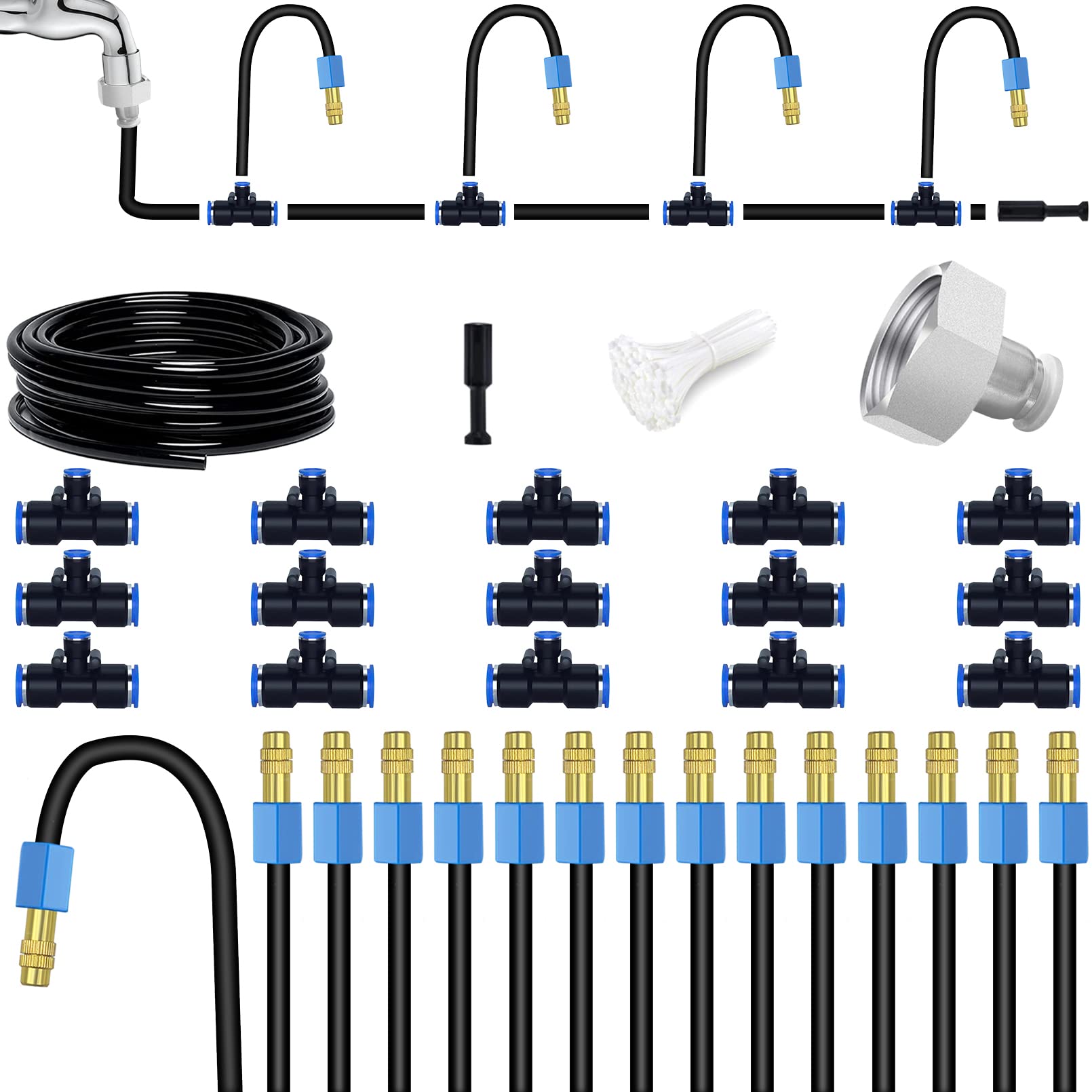 49.21Ft Drip Irrigation Kit - Cokacot 360° Bendable Watering System with 20 Upgraded Well-sealed T-joints & 15 Adjustable Brass Misting Nozzles & Anti-blocked Universal Faucet Adapter & 10 Fixed Stems for Garden Yard Lawn Patio Plants Flower Bed