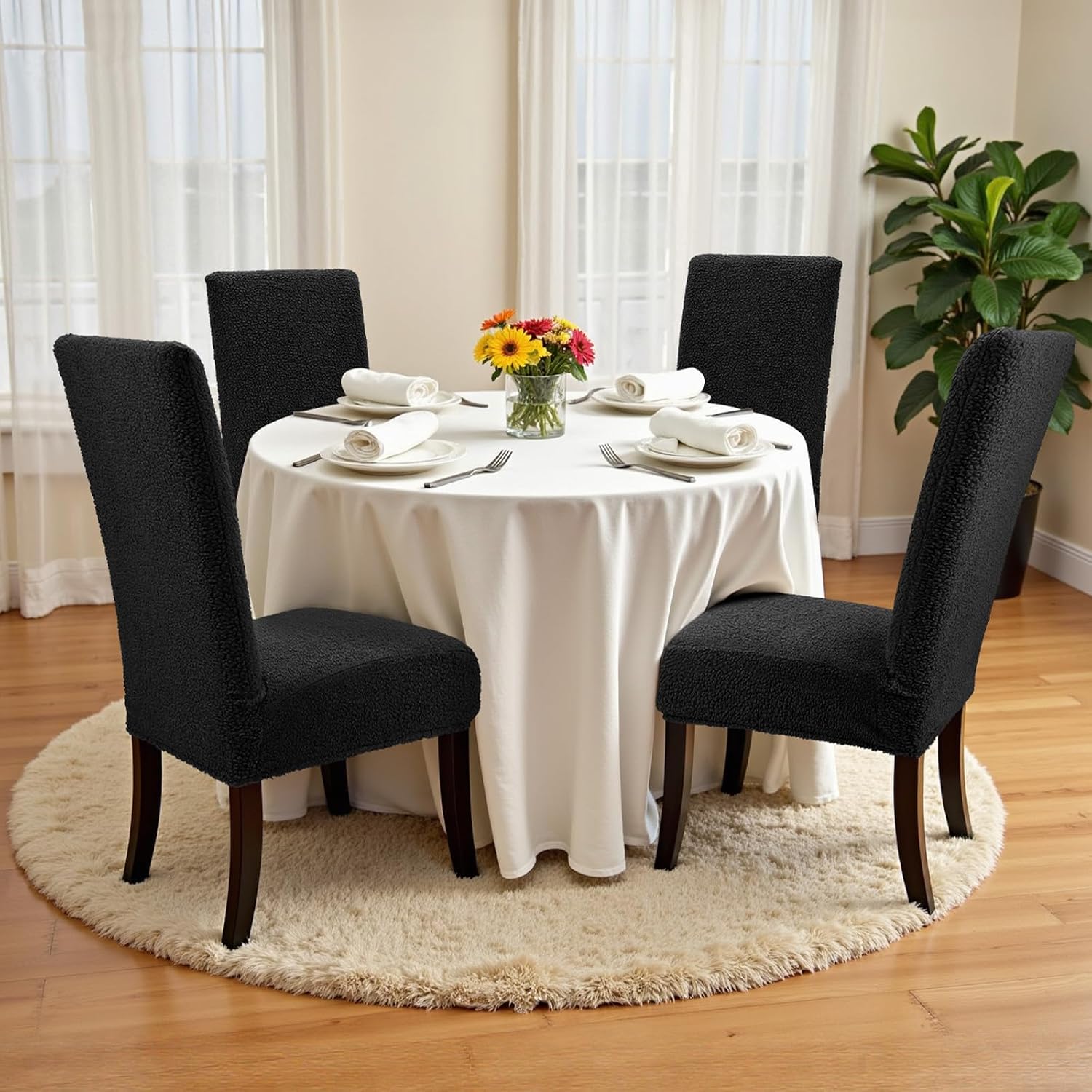 Teddy Wool Dining Chair Covers Soft Teddy Wool Dining Room Chair Covers Set of 2, Washable Kitchen Chairs Slipcovers Elastic Chairs Slipcover for Home and Kitchen (Black 2PCS)