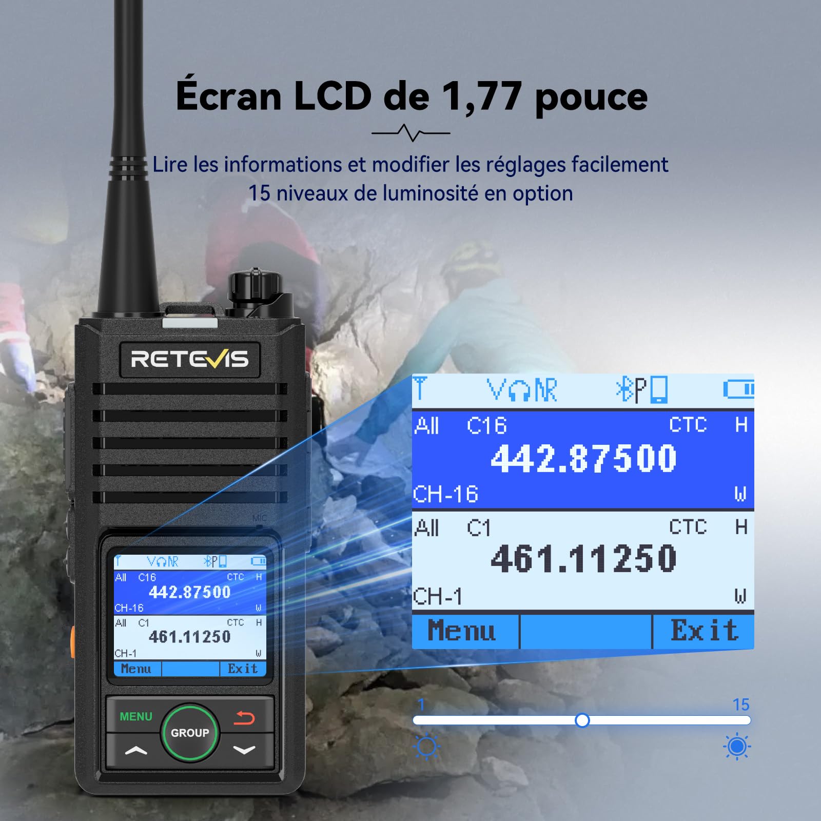 Retevis RB658 Talkie Walkie Réglage par App, Radio Bidirectionnelle Professionnelle, Réduction Intelligente du Bruit, Alarme, 1800 mAh, Talkie-Walkie pour Adultes, Moto (1 Pcs, Noir)