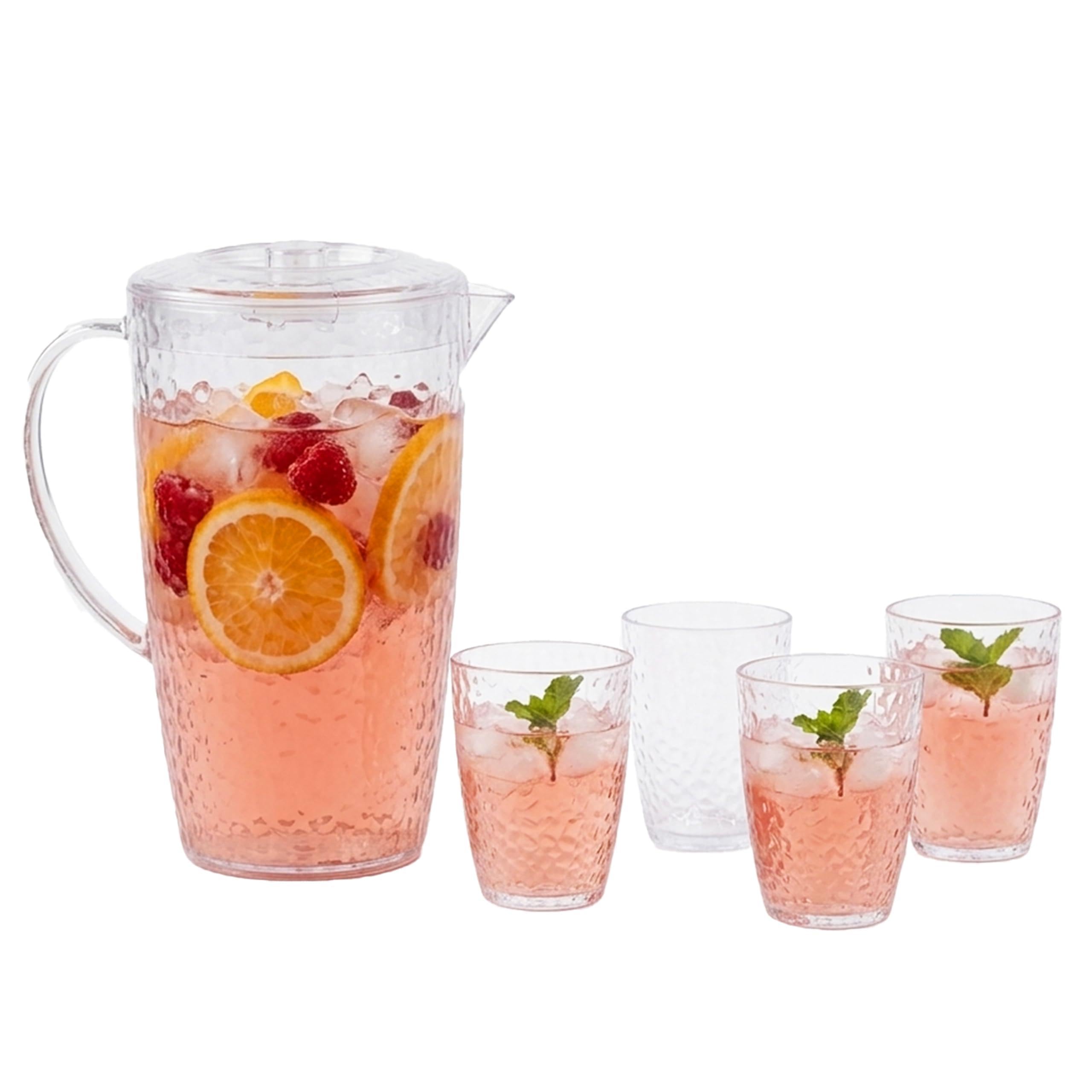 Premier Housewares Functional Design 2.2L Plastic Pitcher with 4 Cups | Smart Design Pitcher Jug for Outdoor Parties | Honeycomb Finish Plastic Pitcher for Restaurant, House