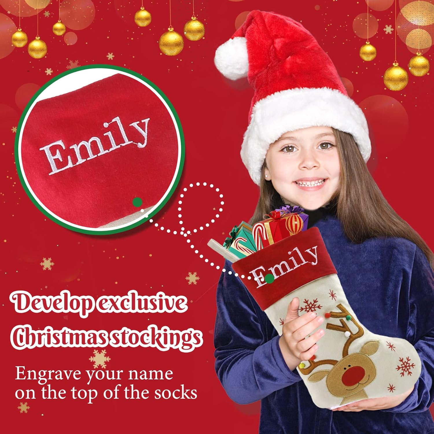 WEWILL 18'' Personalized Christmas Stockings Elk with Embroidery Technology Xmas Holiday Gifts for Family Kids