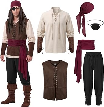 6PCS Mens Pirate Costume Set - Renaissance Medieval Costume for Men, Halloween Pirate Party Cosplay Outfit