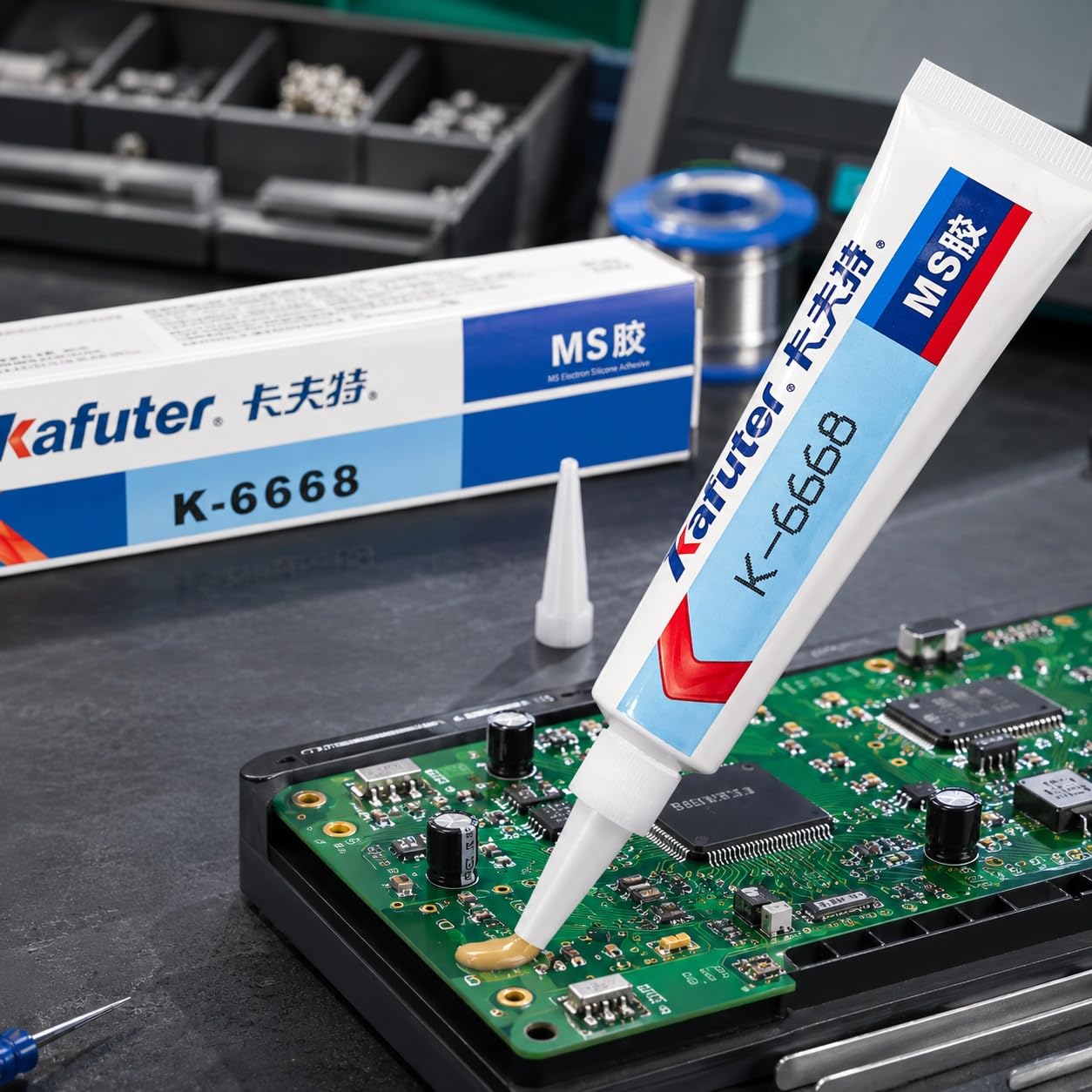 VIDOO Kafuter K-6668 Gelber Elektronikkleber Modifiziertes Silan Lösungsmittelfreies Elastomer für Leiterplatten-Bauteile Elektronikkleber Flexibel Feuchtigkeitshärtend Fixierer, 300ml