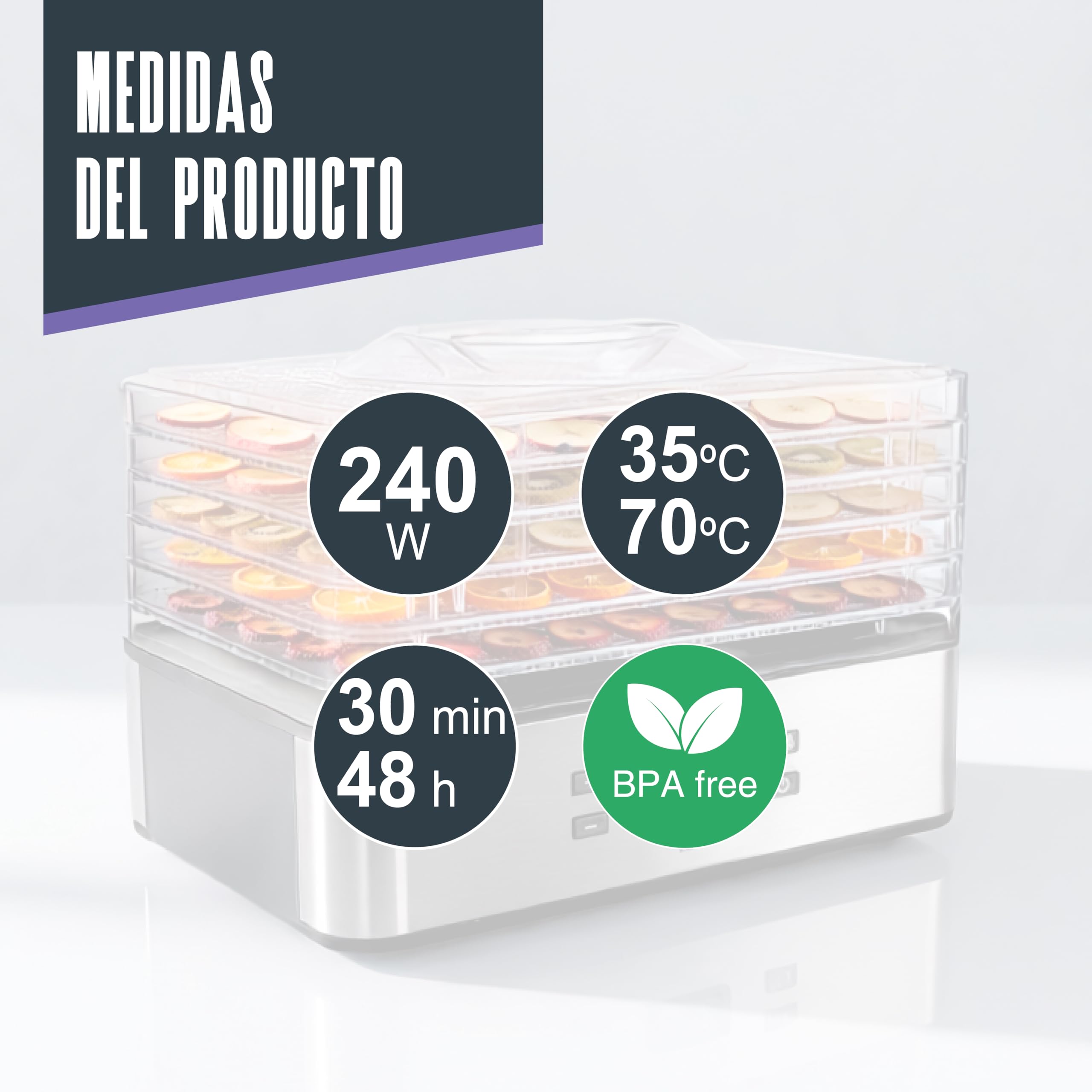 LACOR - 69522 - Deshidratador de Alimentos Eléctrico Bryssa Fruta Carne | 5 rejillas de acero inoxidable regulables; pantalla digital con temporizador; termostato 35-70°C; snacks saludables y setas