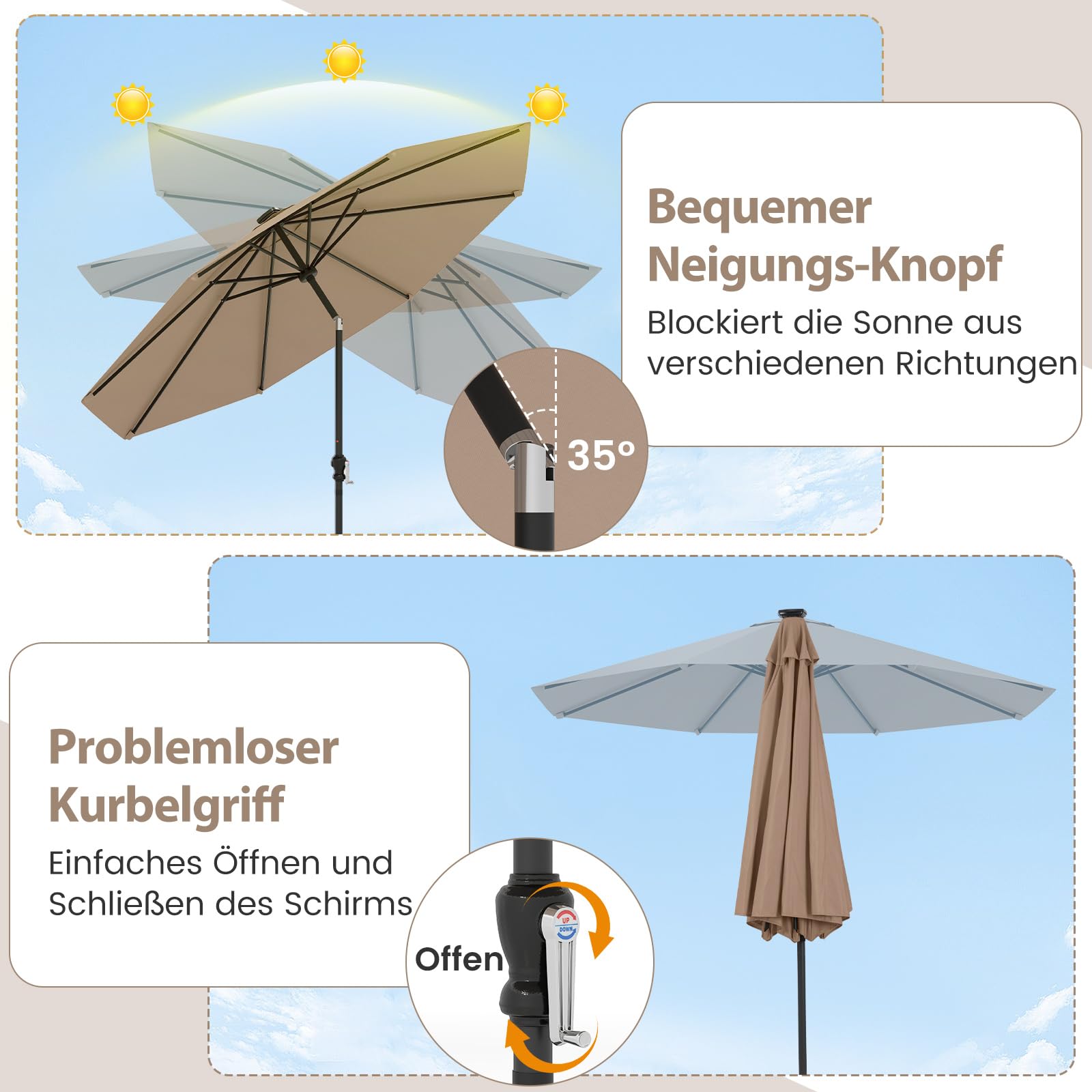 COSTWAY Parasol przeciwsłoneczny 300 cm z oświetleniem solarnym LED, 9 trybów oświetlenia, parasol ogrodowy z korbą, obustronnie zginany o 35°, parasol tarasowy, do ogrodu, na balkon, taras