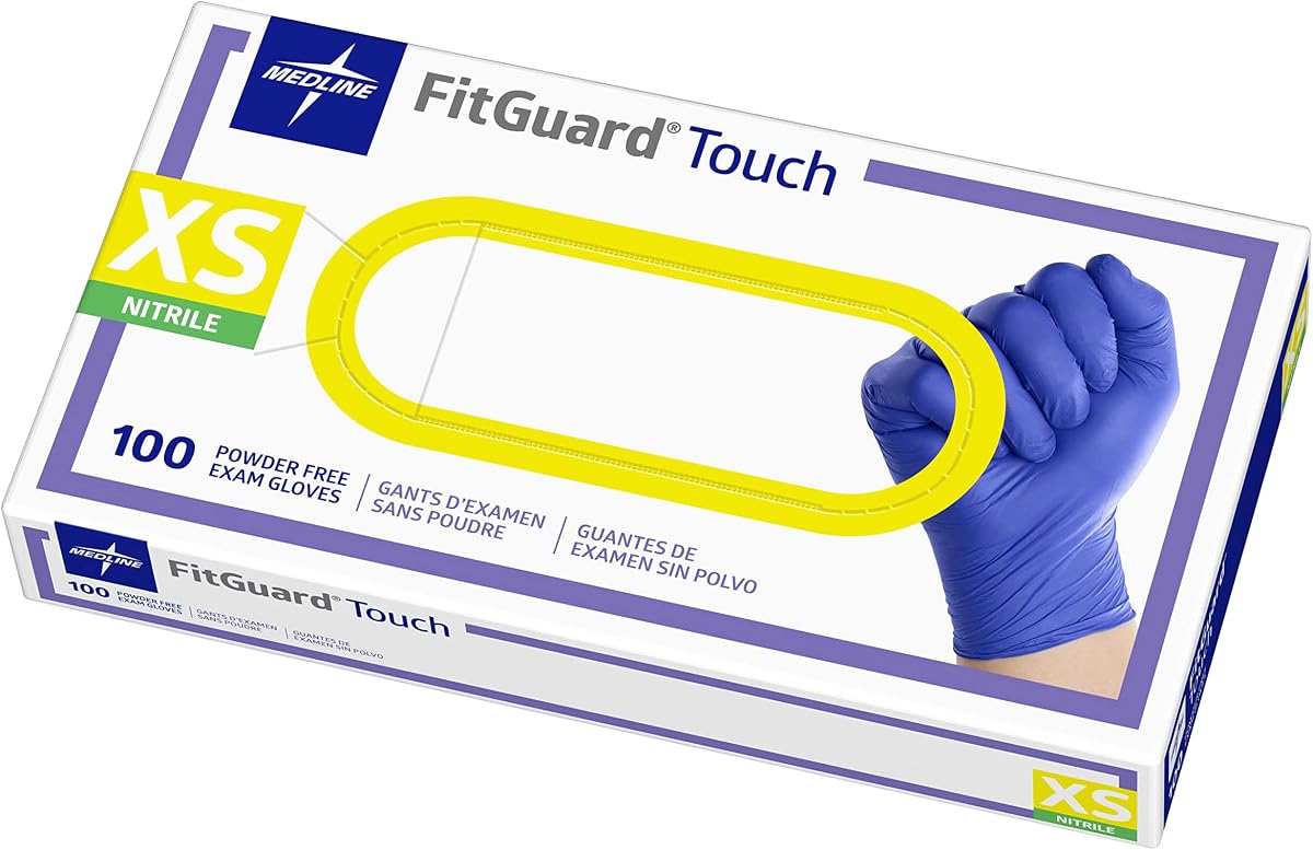 Medline FitGuard Touch Guantes de examen de nitrilo, 100 unidades, X-Small, sin polvo, desechables, no fabricados con látex de caucho natural, excelente sentido del tacto para tareas médicas, duraderos para tareas domésticas