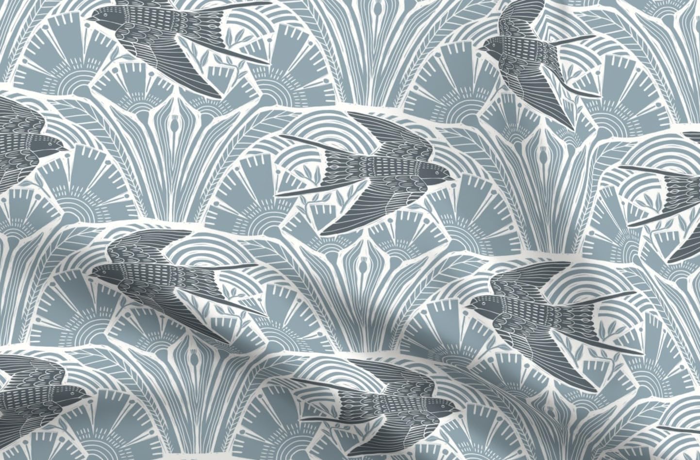Spoonflower Fabric - Coastal Chic Pastel Birds Cottagecore Wildflowers Floral Swallows Printed on Petal Cotton Fabric Fat Quarter - Sewing Quilting Apparel Crafts Decor