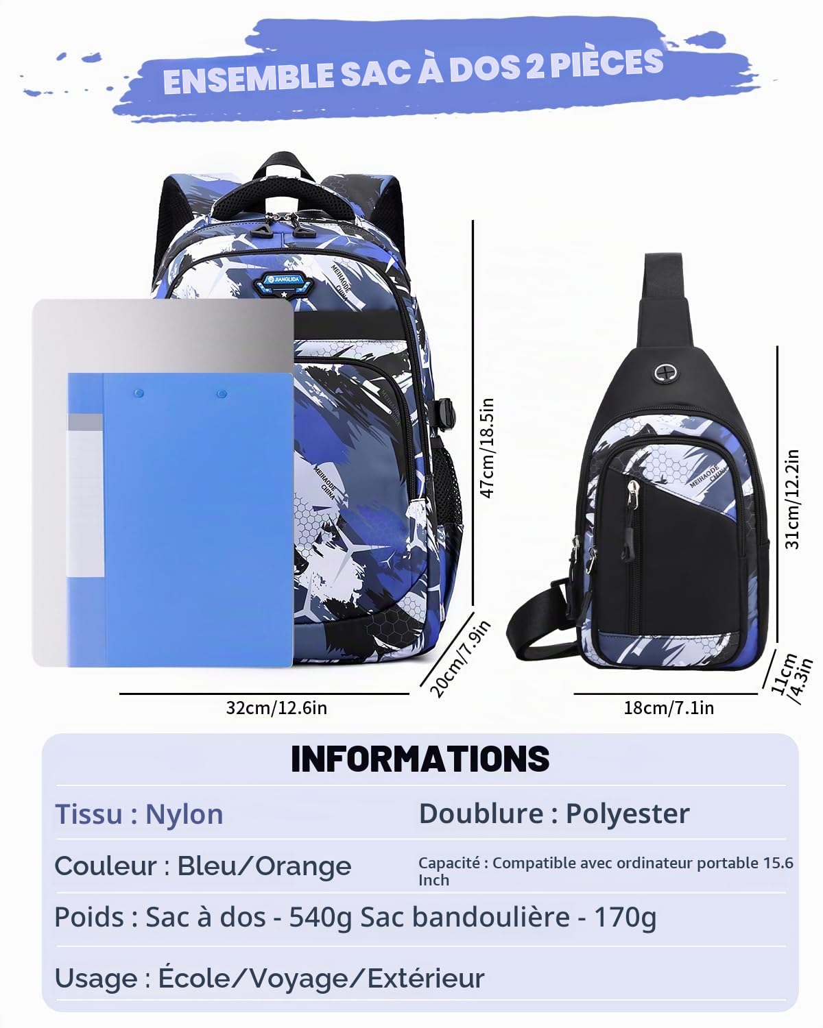 Tanou Sac a Dos College ado Garcon de 2 Pièces, Grand Cartable Garcon Primaire Sacs à Dos pour Enfant Impermeable, Sac Ecole Renforcé Daypack en Nylon pour Garçons 10 à 18 Ans, Camouflage Bleu