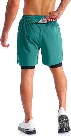 Pudolla Mens 2 in 1 Running Shorts 5 Quick Dry Gym Athletic Workout Shorts for Men with Phone Pockets