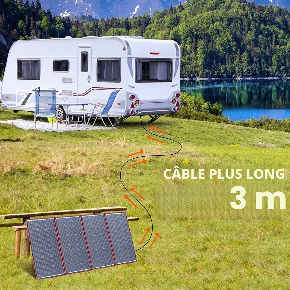 DOKIO Panneau Solaire Pliable 300W 18V Kit Monocristallin avec Régulateur de Charge (2 Ports USB) et Câble 3m pour Batterie de Voiture 12V, AGM, Gel, Acide