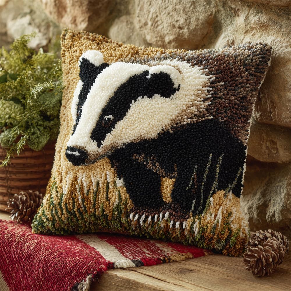 RKFLGEW Animal Latch Hook Cushion Kit, Badger Knitting Kits Cushion, 43X43Cm/17X17 Inch Rug Making Kit for Starters, Latch Hook Kits for Beginners Adults Or