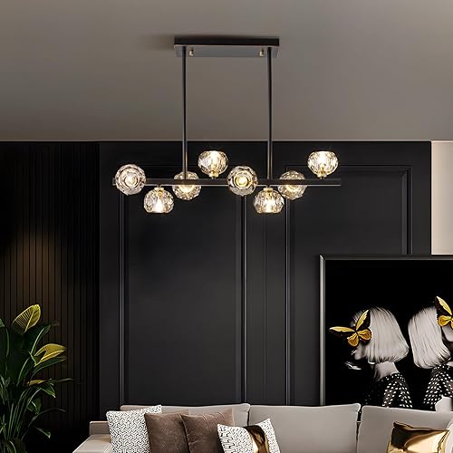 Miniatura 5 de Moderno candelabro de cristal para comedor, lámparas negras con pantalla de bola de cristal, 8 luces, globo industrial, iluminación colgante para