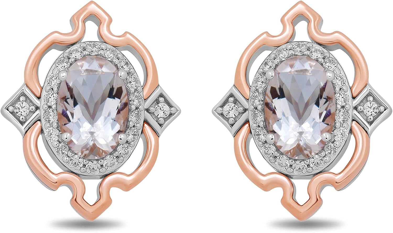 Jewelili Enchanted Disney Fine Jewelry Sterling Silver and 10K Rose Gold 6x4 MM Oval Shape Morganite and 1/6 Cttw Natural White Round Diamond Aurora Stud Earrings