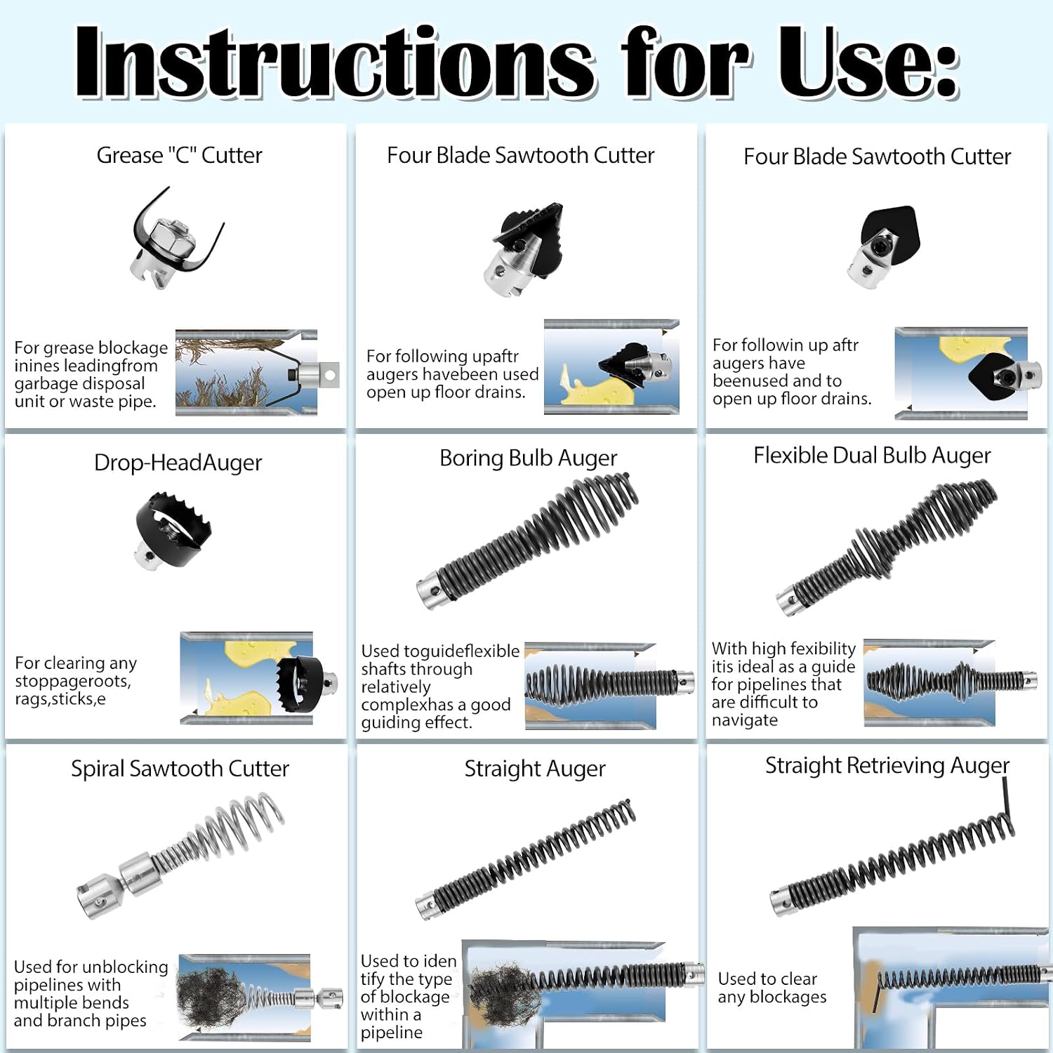 10Pcs Drain Snake Drill Attachment Drain Auger Cutter Kit Compatible with K-400 C-4 C-6 C-7 C-8 C-9 Cleaning Machine, 5/8 Inch Auger Cutter Heads & Spiral Tips Set for Plumbers, DIYers