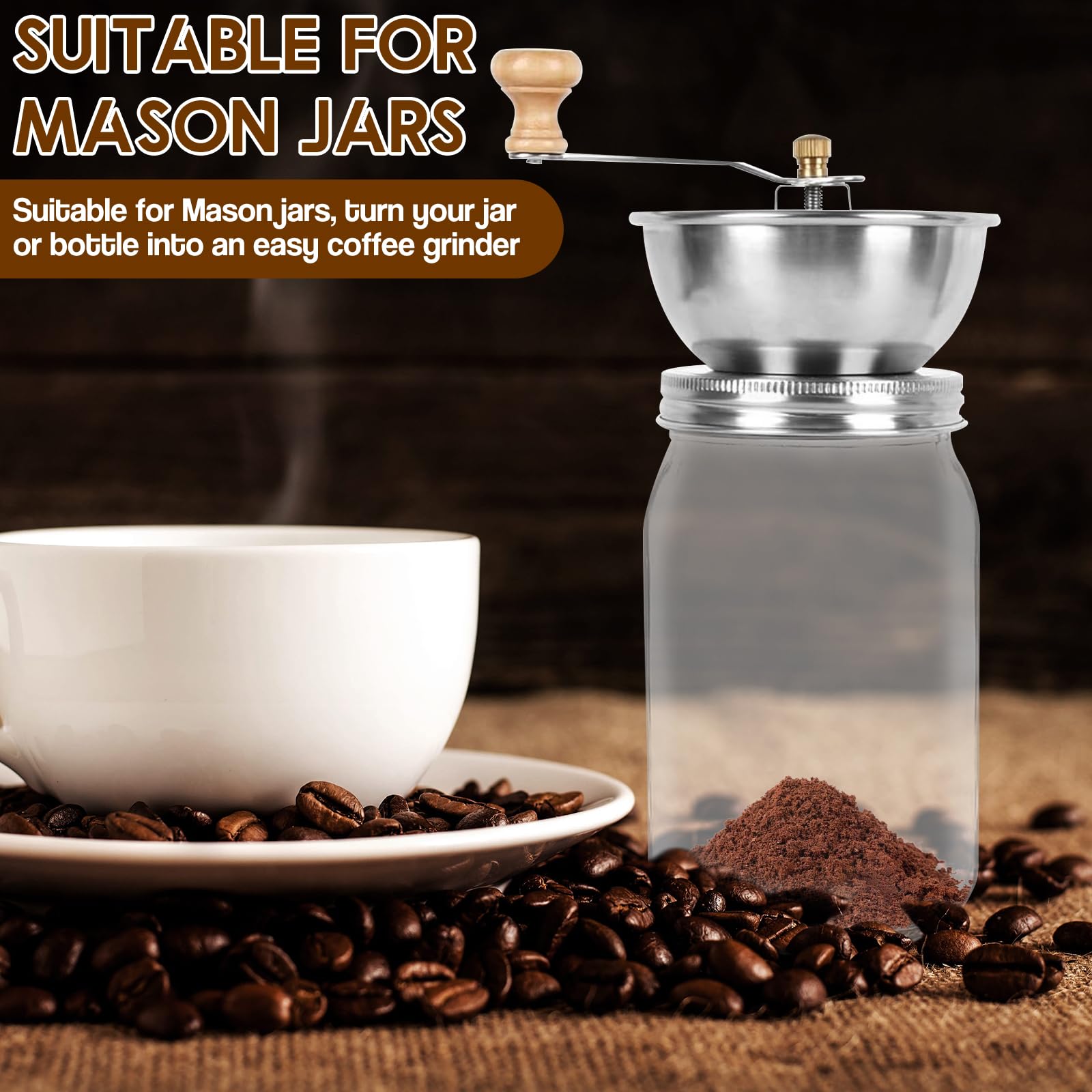 Molinillo de café tipo tarro Mason, accesorio de tapa manual para tarros Mason de boca ancha, tapa de molinillo de café de acero inoxidable, accesorios de tarro Mason ideales para camping y barista en
