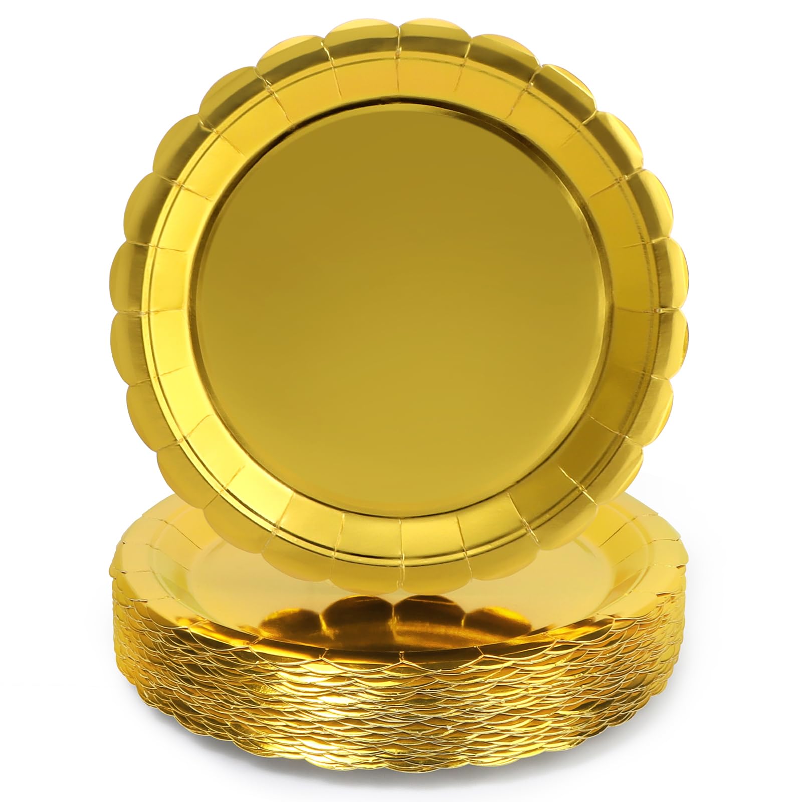 PARTY GO 50Pcs Gold Paper Plates 9" 23cm, Party Plates Disposable Supplies Pack for Birthday, Anniversary, Holiday Wedding Valentine Party Decorations