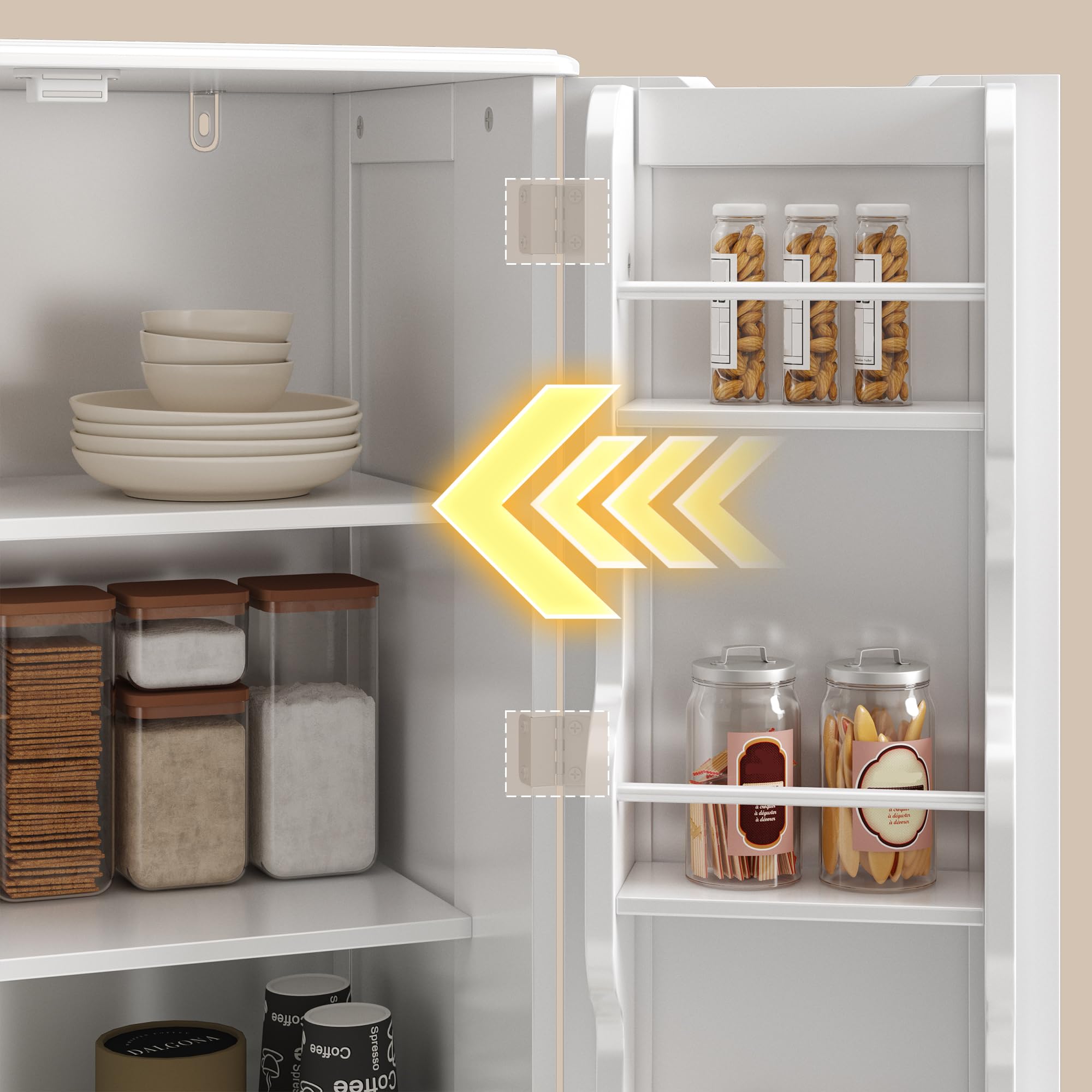 Küchenschrank Weiß mit Holzplatte, Buffetschrank mit 2 Schubladen und Türen, Vorratsschrank Landhausstil, Sideboard Aufbewahrungsschrank für Küche, Esszimmer und Wohnzimmer