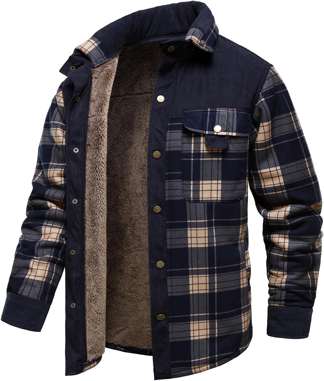 HOOD CREW Mens Long Sleeve Sherpa Lined Shirt Jacket Flannel Plaid Fleece Coats with Pockets