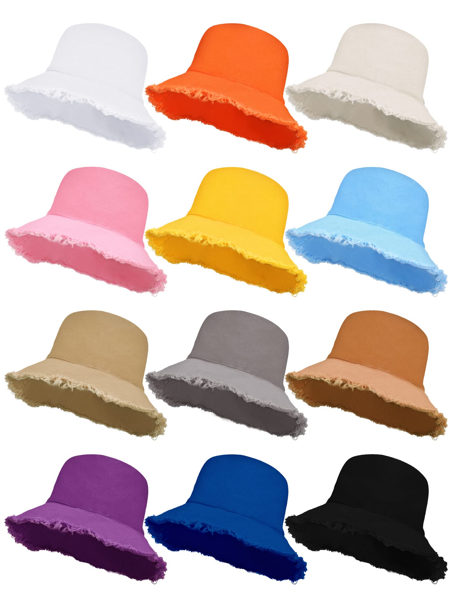 12 Pcs Women Frayed Bucket Hats Bulk for Women Men Summer Accessories Fishing Bucket Fishing for Men Summer Beach Sun Hat Cotton Wide Brim Bucket Cap Casual Beach Cap for Girls Travel Outdoor Vacation