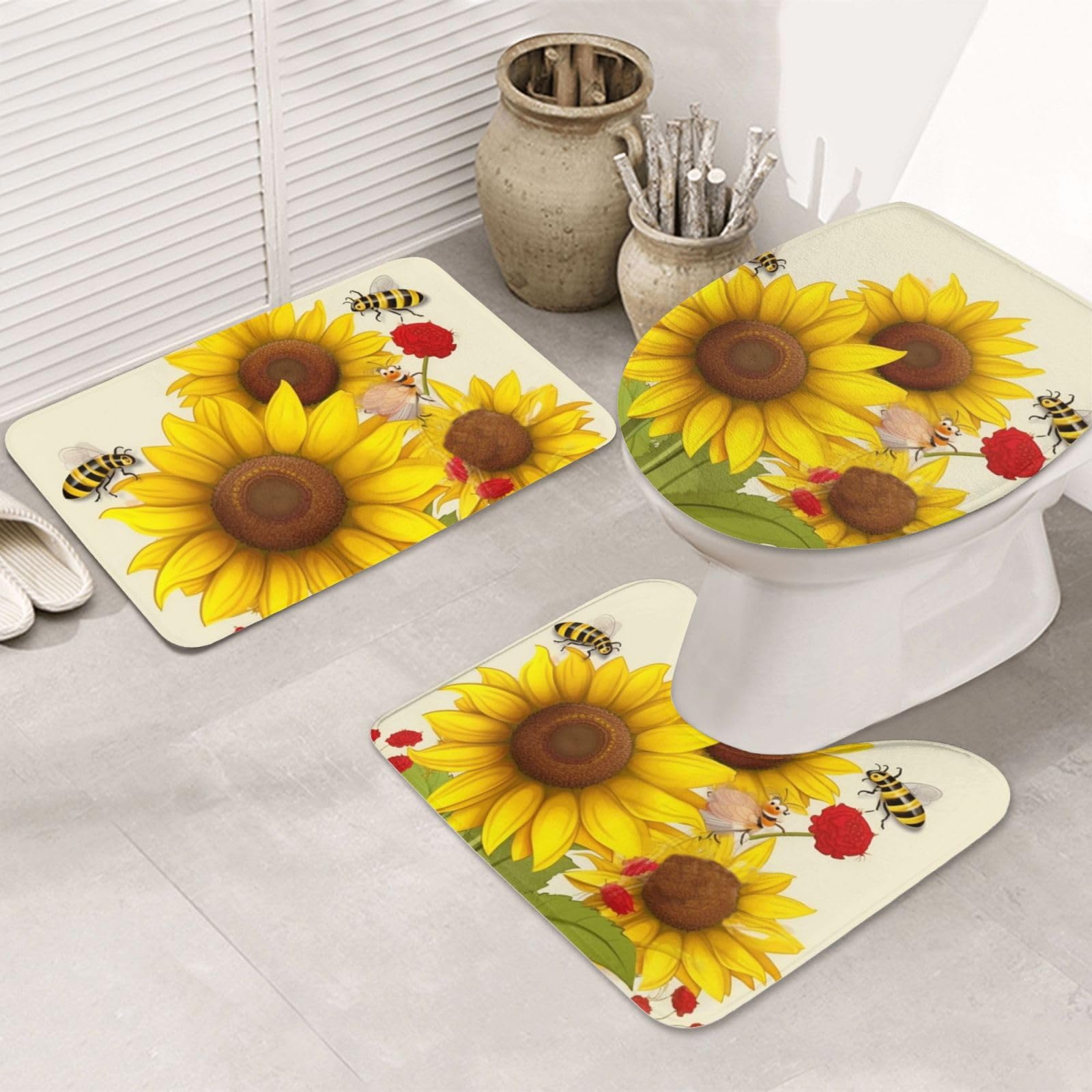 Tapis de bain flanelle imprimé fleurs et abeilles pour salle d'eau
