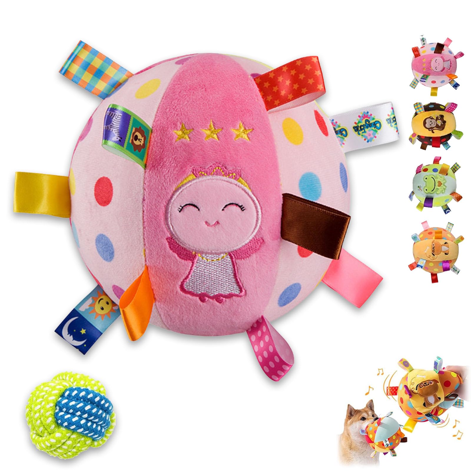 Colorful Squeaky Hanging Dog Training Toy, Squeaky Hanging Dog Toy 6-Inch Soft Plush Ball with Ribbons, Bell and Elastic Strap, Interactive Hanging Ball for Dogs Indoor Outdoor Play (COLOR-C)