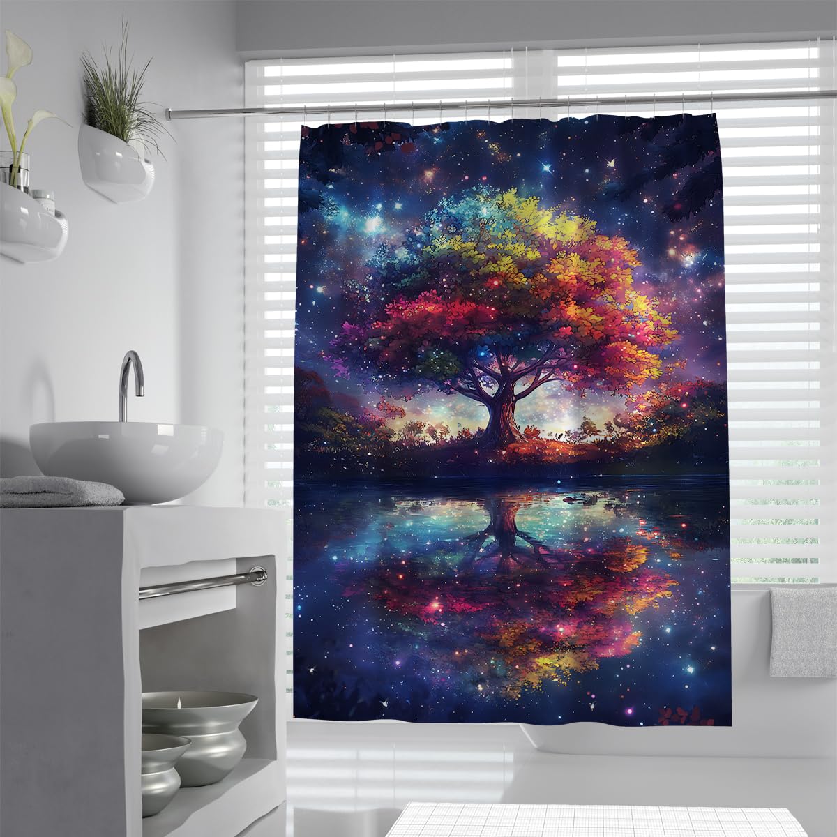 UIRINGART Cosmic Nebula Galaxy Shower Curtains W100xL200cm Dreamy Mythic Colorful Tree River Water Reflection Print Quick Drying Washable for Bathroom Wet Room Tub