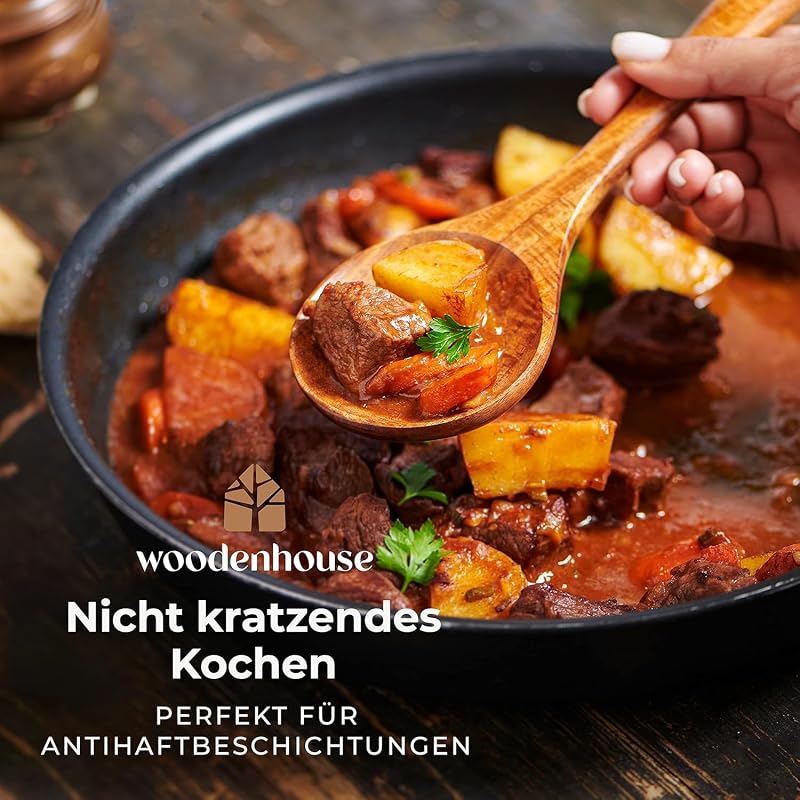 Woodenhouse 10 részes teakfa főzőkanál készlet - Merőkanál, spatula, konyhai eszközök tapadásmentes edényekhez - Természetes, BPA-mentes