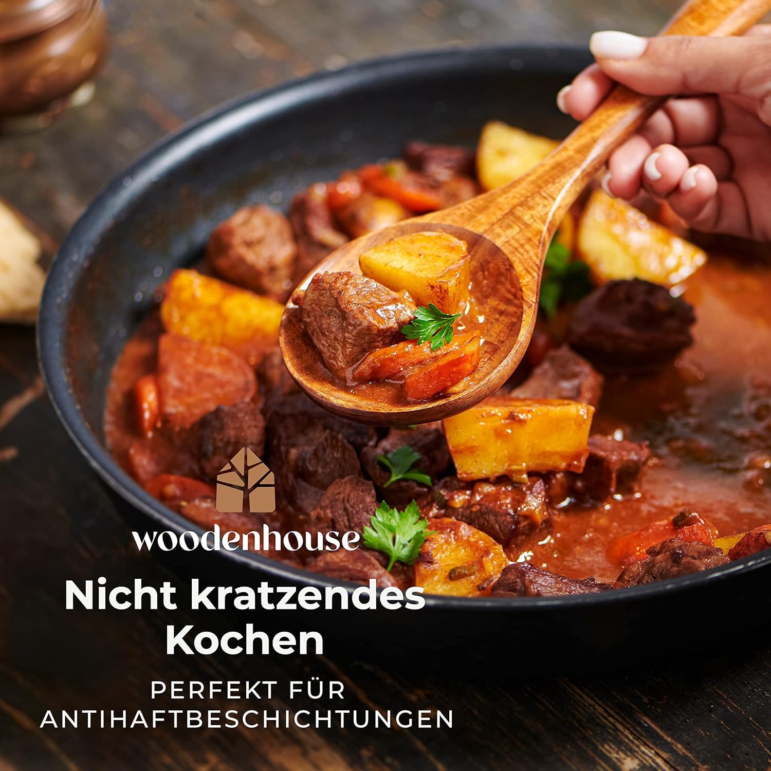 Kochlöffel Holz Set - Holzkochlöffel 10 Stück aus Teakholz - Holzlöffel, Pfannenwender Holz und weitere Kochbesteck Set - Natürlich & Perfekt für Antihaft. Leicht & Hitzebeständig Küchenutensilien