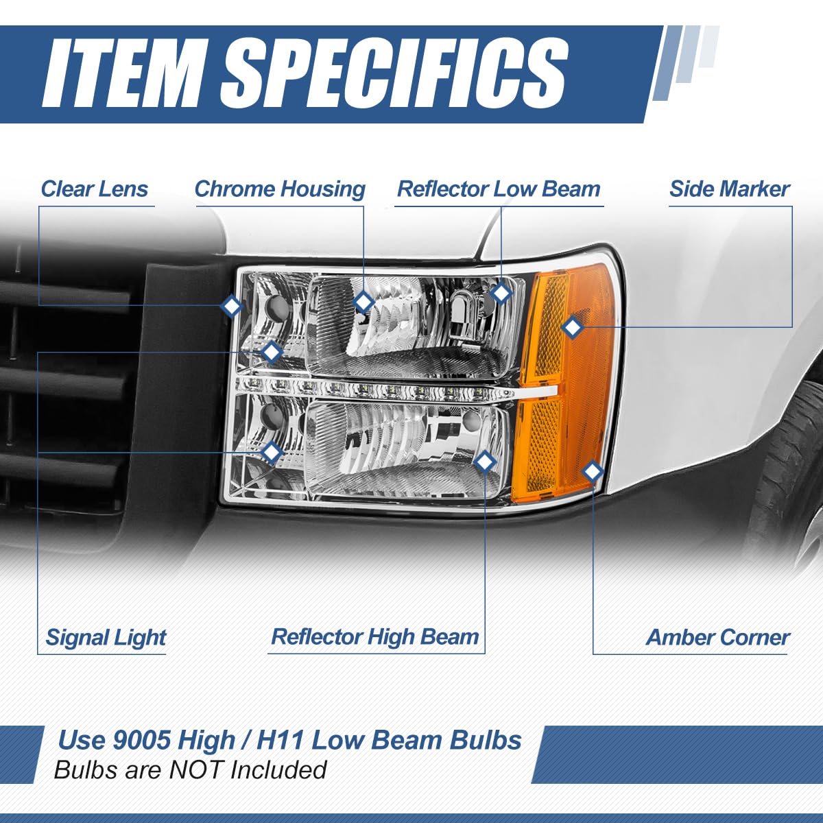 Auto Dynasty LED DRL Headlights Assembly Compatible with 2007-2014 GMC Sierra 1500 2500HD 3500HD, Driver and Passenger Side Halogen Headlamps w/LED Running Light Strip, Chrome Housing Amber Corner