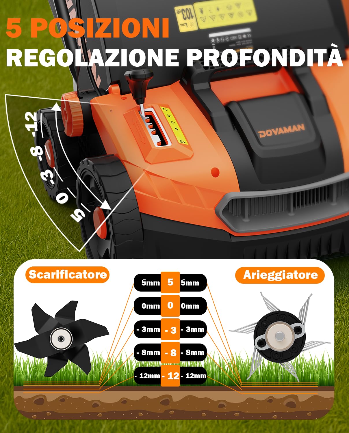 DOVAMAN DS16A Scarificatore e Arieggiatore Elettrico 1500W 40cm Larghezza di Lavoro