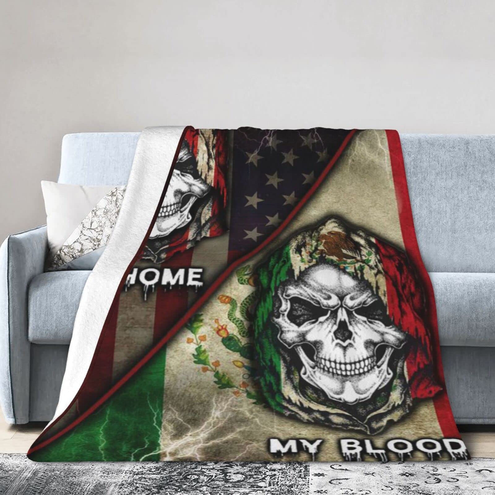 Lsjuee Flannel Fleece Blanket 50"X40" My Home My Blood Mexican American Skull Sofa Throw Blanket Quality Ultra-Soft Travel Winter Blankets for Couple Keep Warm