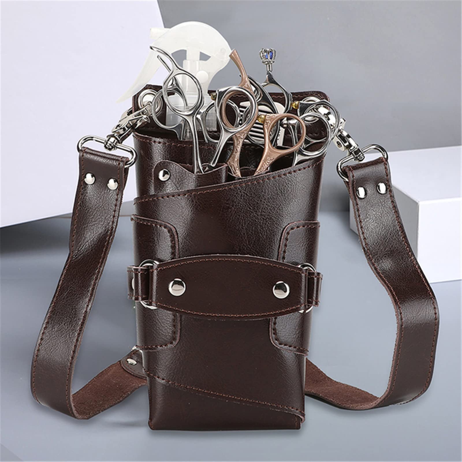 FDEFIRTFG Hairdressing Tool Belt Bag, Scissor Pouch Leather Hairdressing Holster Tools Bag for Hairdressers(Brown)