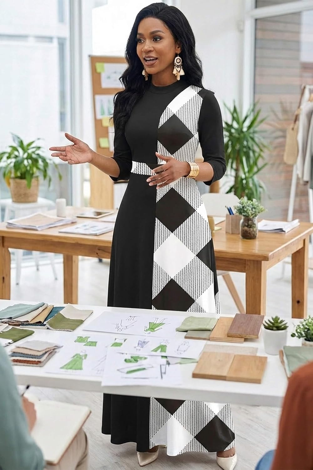 FANDEE Maxi Dresses for Women Semi Formal A-Line 3/4 Sleeve Mock Neck Elegant Dress Colorblock Church Cocktail Dress - Image 4