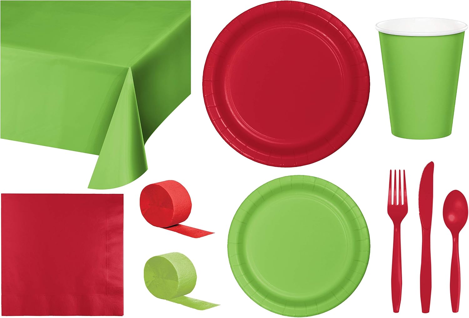 Baxters Party Bundle Bulk, Tableware for 24 People Lime Green and Red, 2 Size Plates Napkins, Paper Cups Tablecovers and Cutlery, Box of 199