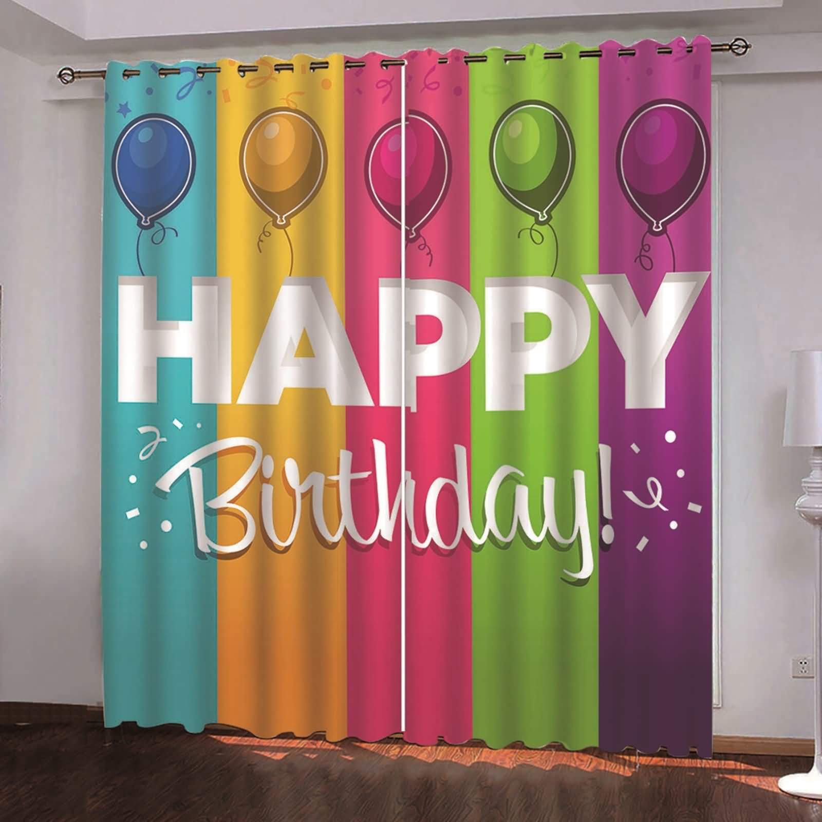 Zasłony zaciemniające do sypialni zestaw 2 szt. balony Happy Birthday, nieprzezroczyste zasłony zaciemniające długie oczka 214 x 138 cm