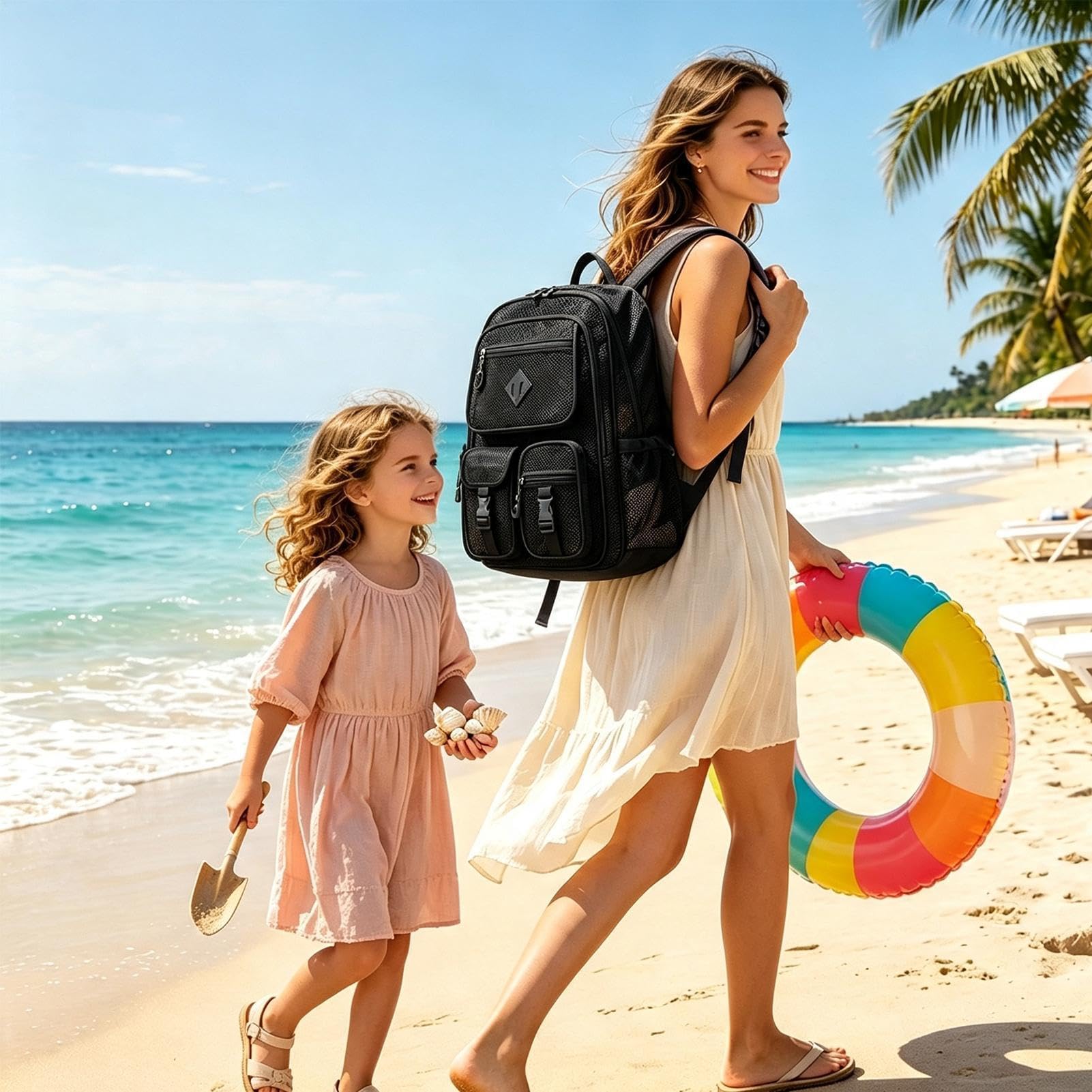 Borsa da spiaggia in rete, leggera, portatile, grande capacità, Nero , Siehe Beschreibung, descrizione | Borsa da spiaggia semitrasparente per bambini, ragazze, nuoto, sport, escursionismo, viaggi, vacanze, lavoro, fitness